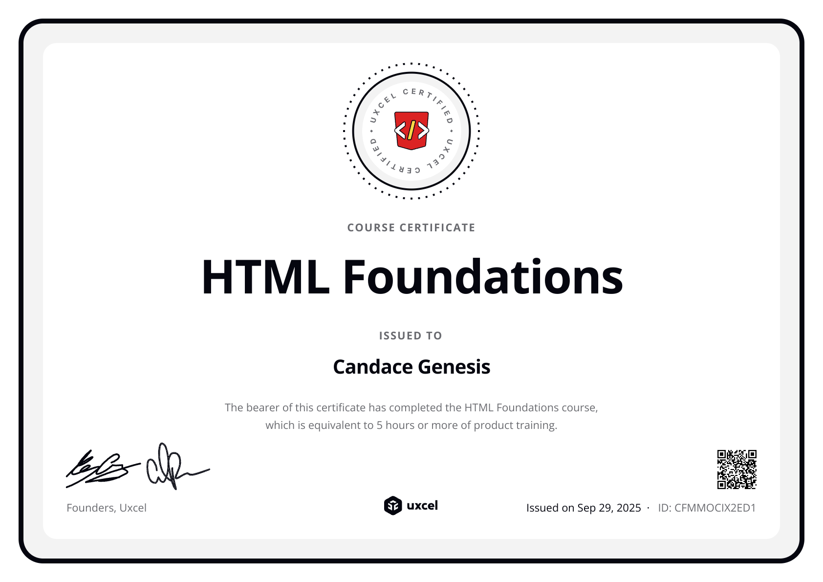 Candace Genesis's certificate